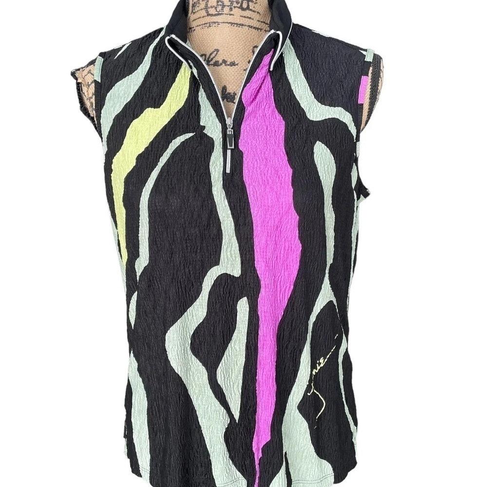 Jamie Sadock Textured Golf Top 1/4 Zip Sleeveless Abstract Neon Print Size M - Picture 7 of 10